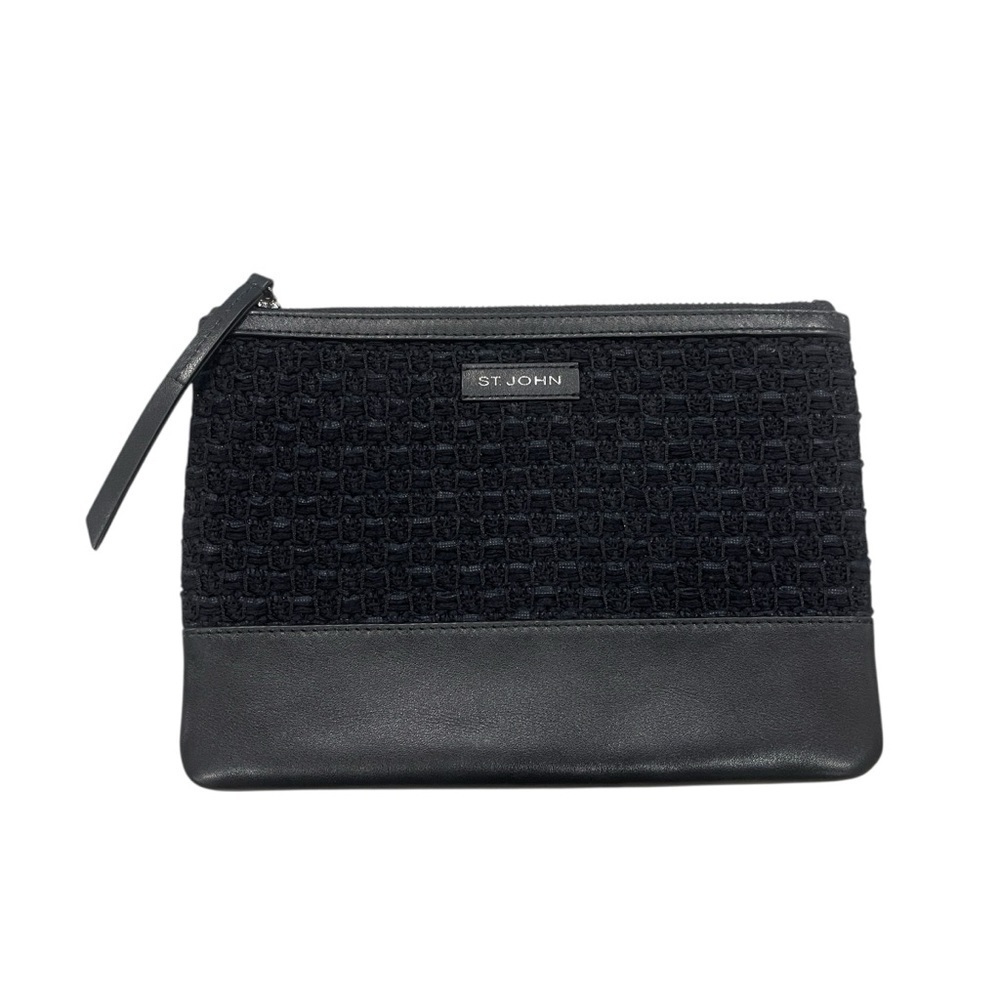 St. John Black Knit Woven Wool Leather zip Pouch Clutch